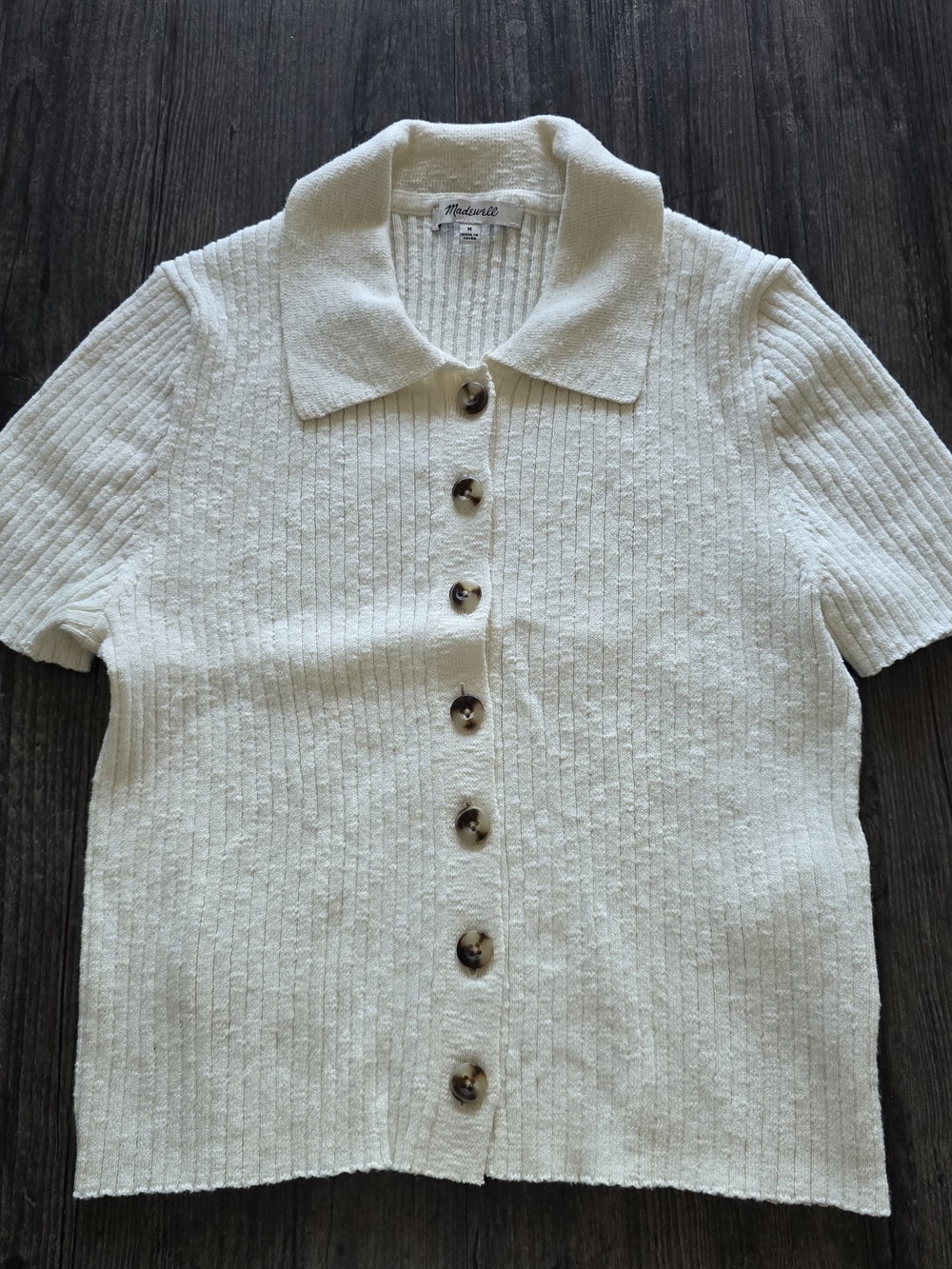 Madewell Ivory Solid Rib Knit Collared Button Front Top Classic Minimalist